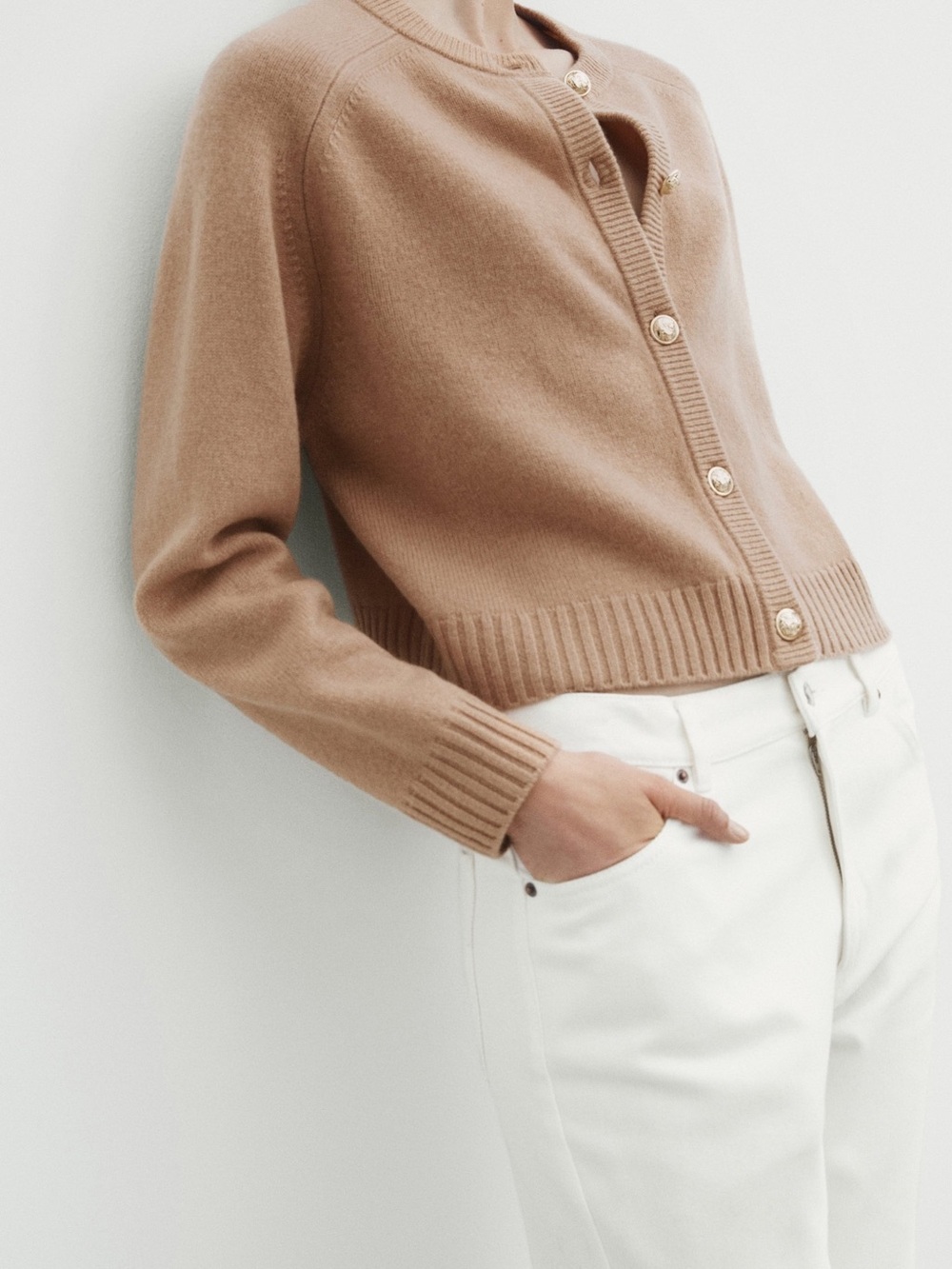 MASSIMO DUTTI Camel Brown 100% WOOL Knit Cropped Cardigan Sweater S